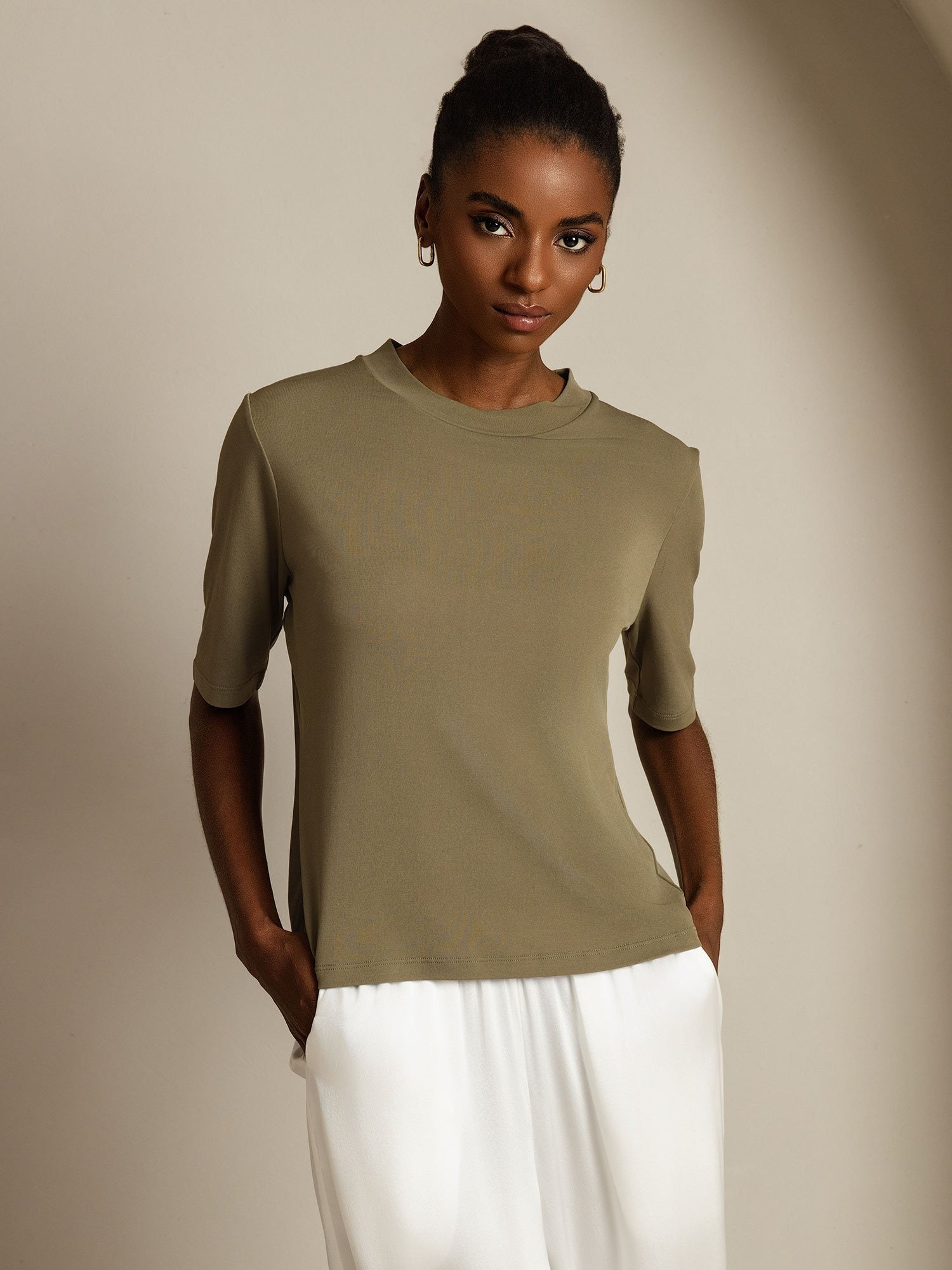 [Burnt Olive] SilkSilky-AU Pure Silk Round Neck Women's T-Shirt 003