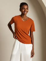 [Orange] SilkSilky-AU Short Sleeve V Neck Women's T-Shirt 007