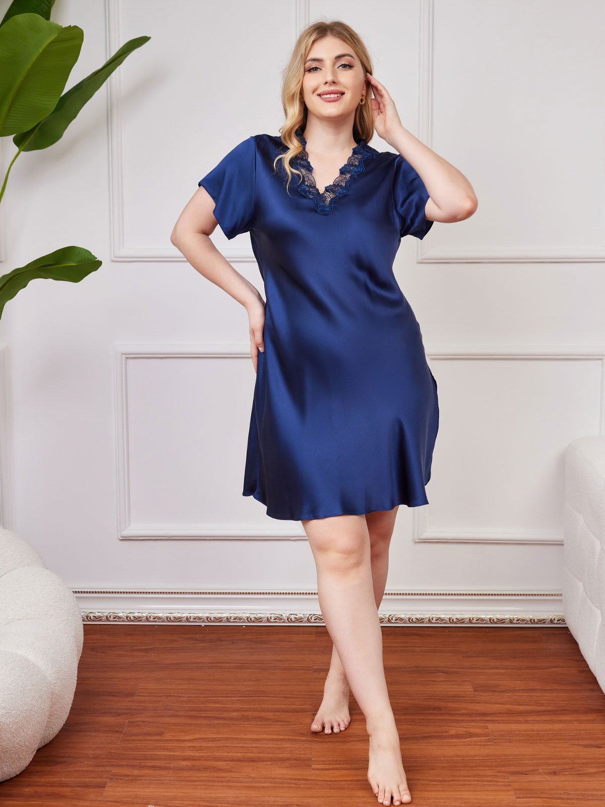 SilkSilky AU Pure Silk Short Sleeve V Neck Plus Size Nightdress DarkBlue 004