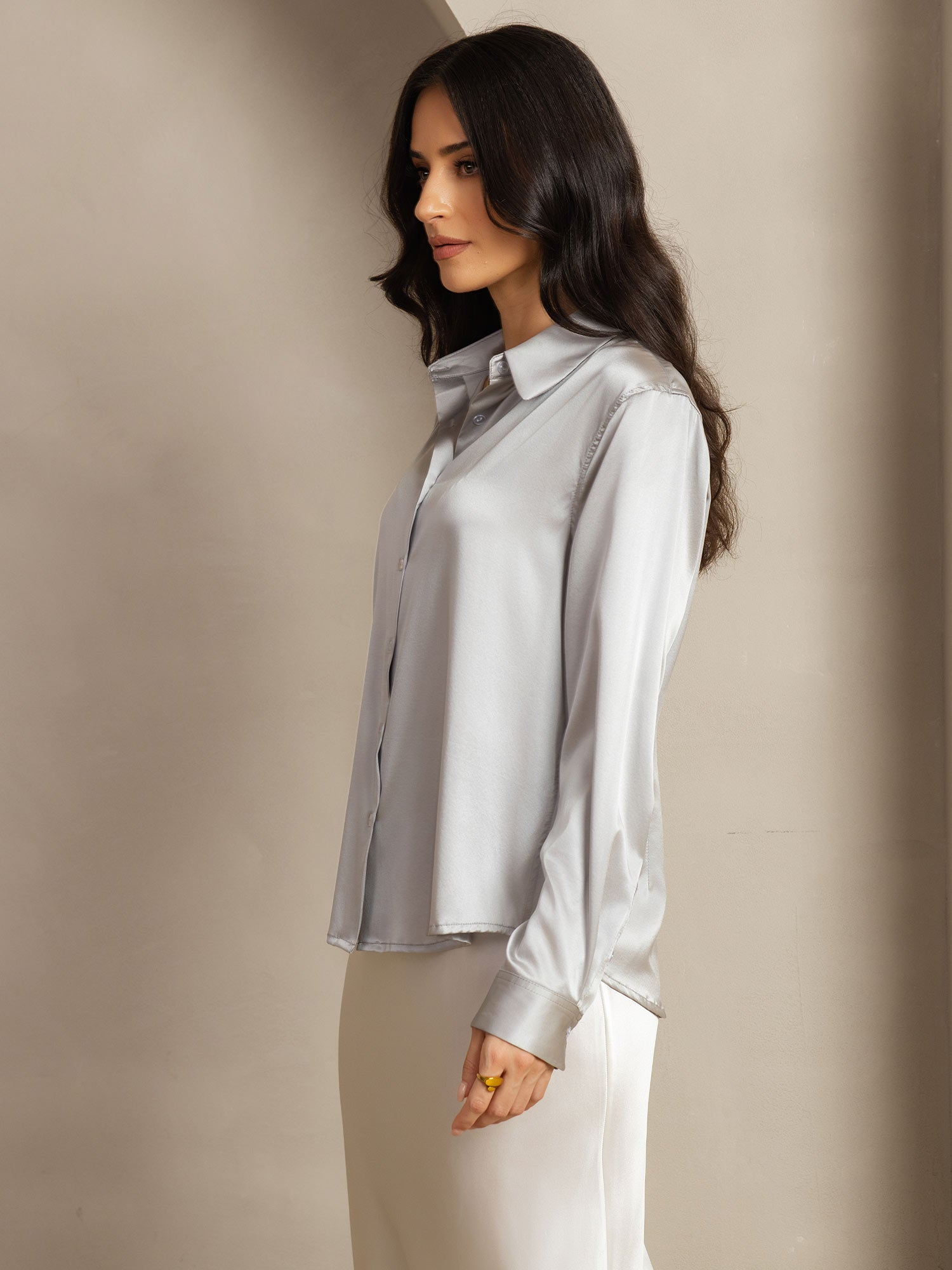 [Light Gray] SilkSilky-AU Silk Lapel Collar Women's Shirt 003