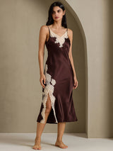 [Coffee] SilkSilky-AU Sleeveless V Neck Nightgown 001