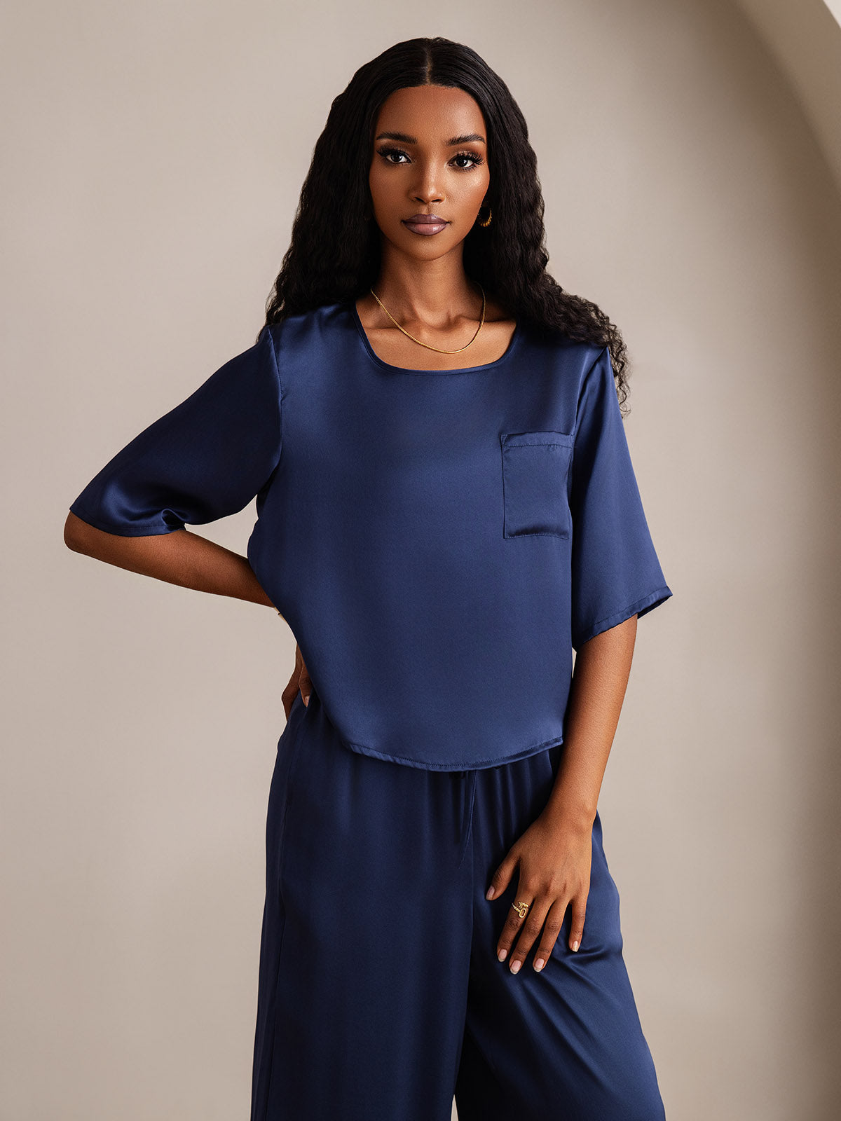 [Dark Blue] SilkSilky-AU Half Sleeve Round Neck Women's Pyjamas 007