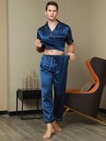 SilkSilky AU 19Momme Pure Silk Short Sleeve Lapel Men's Pyjamas DarkBlue 008