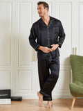 SilkSilky AU 19Momme Pure Silk Long Sleeve Lapel Men's Pyjamas Black 001