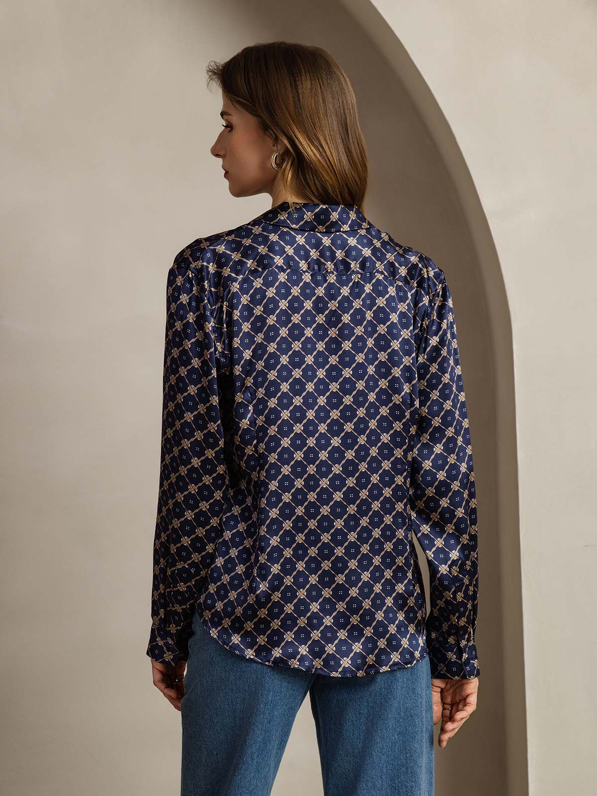 [Navy Chain] SilkSilky-AU Silk Long Sleeve Lapel Collar Women's Shirt 002