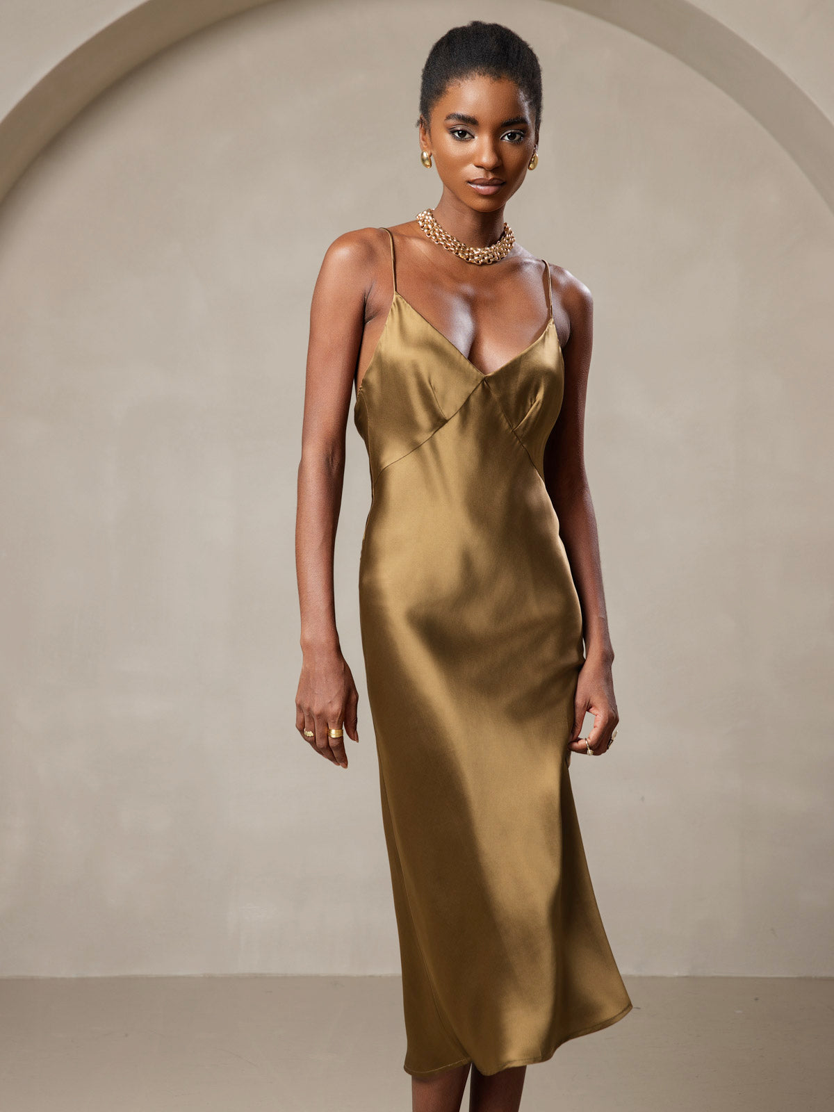 [Brown] SilkSilky-AU 19Momme Pure Silk V Neck Dress 005