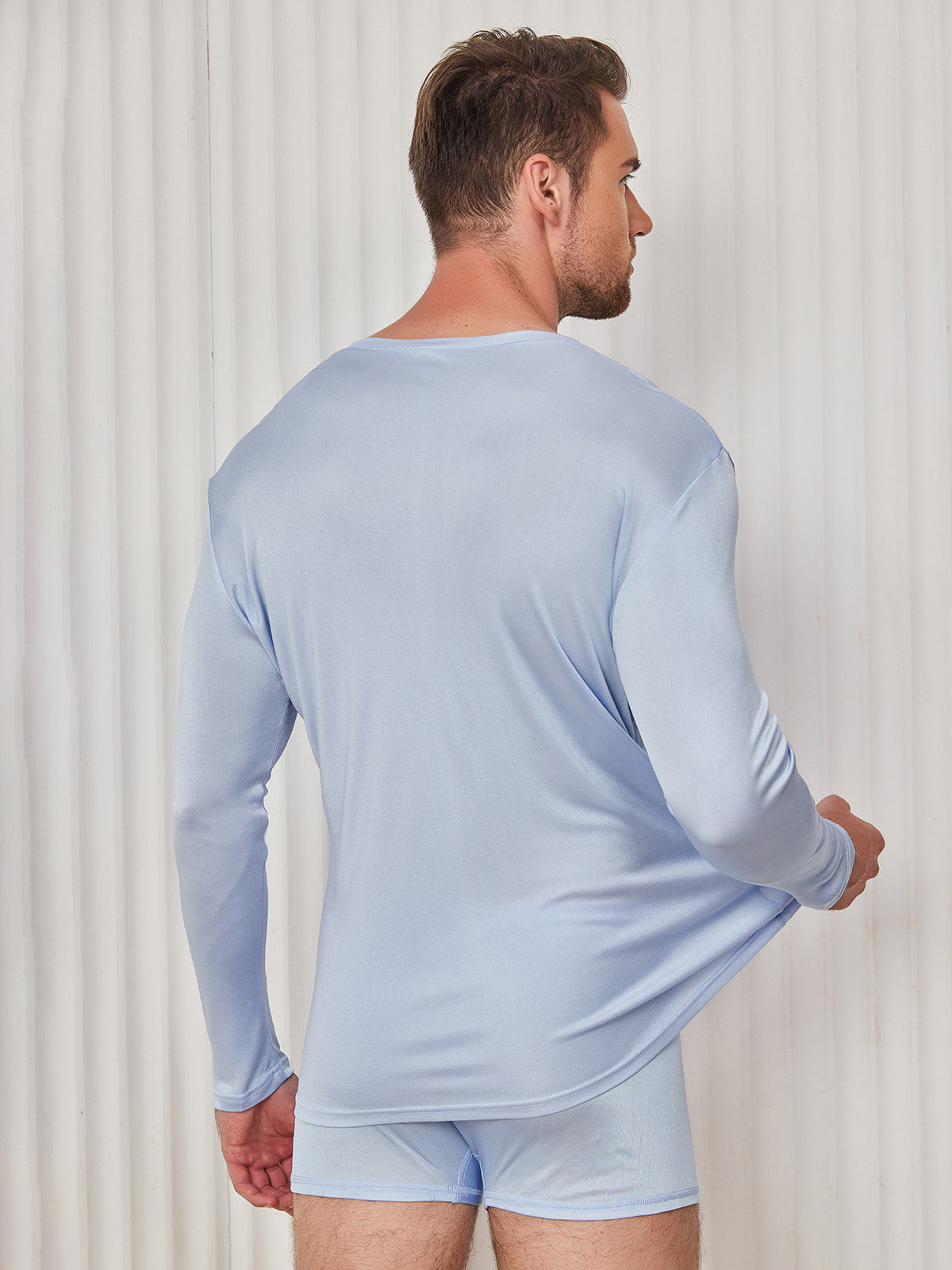 SilkSilky AU Silk Knitted Long Sleeve Round Neck Men's T Shirt LightBlue 002