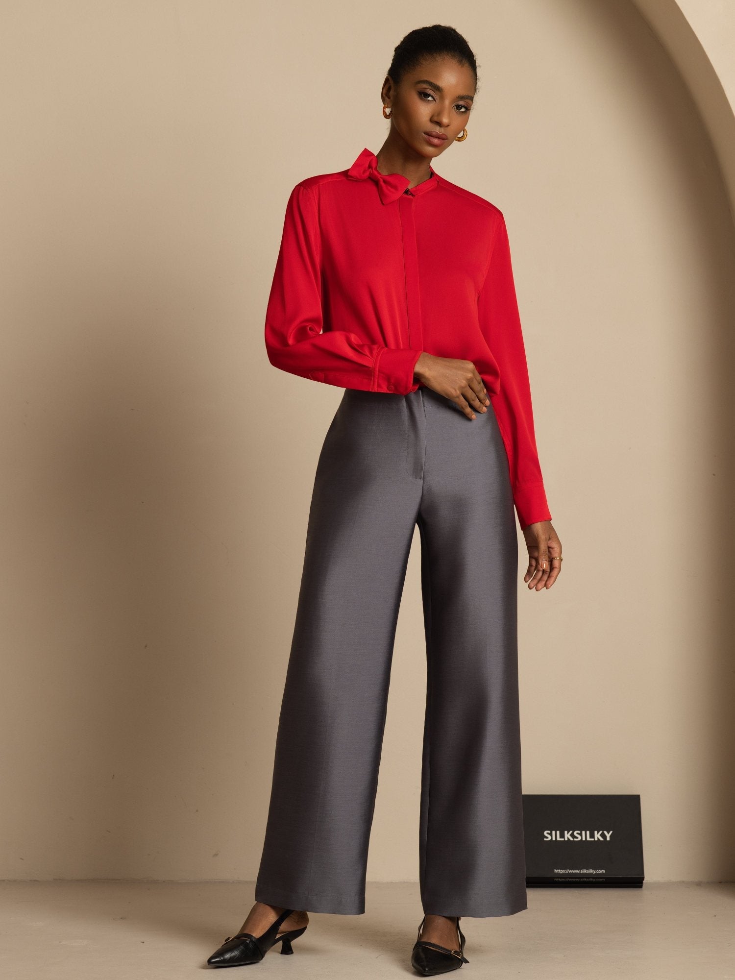 [Wine] SilkSilky-AU 19Momme Stretch Silk Double Georgette Long Sleeve Stand Collar Blouse 008