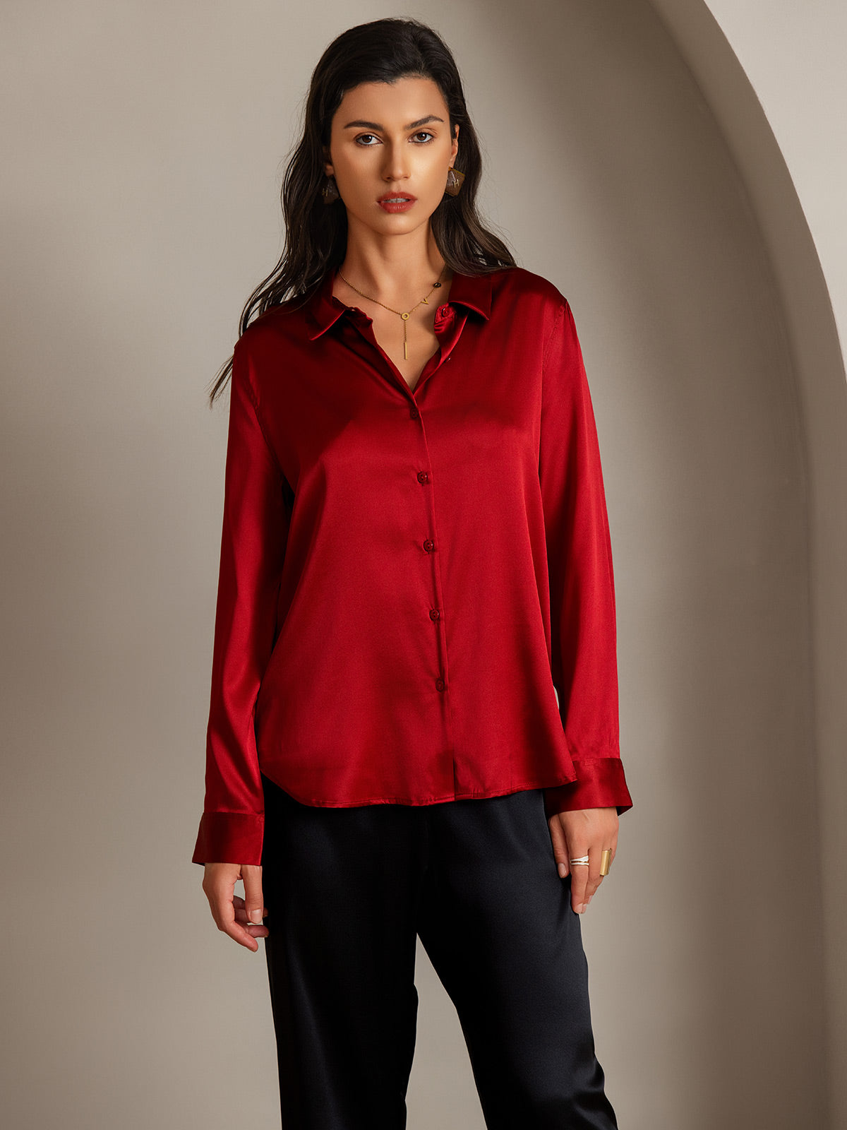 [Red] SilkSilky-AU Long Sleeve Lapel Collar Women's Shirt 004