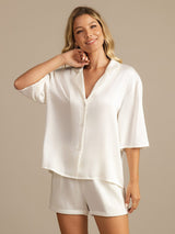 [White] SilkSilky-AU 19Momme Machine-Washable Silk Half Sleeve Notch Collar Women's Pyjamas 005