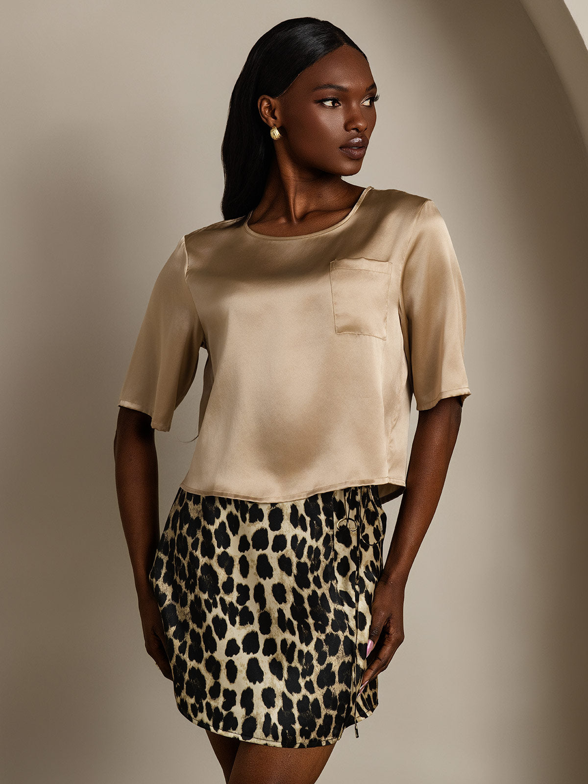 [Champagne] SilkSilky-AU Pure Silk Boat Neck Women's T-Shirt 001