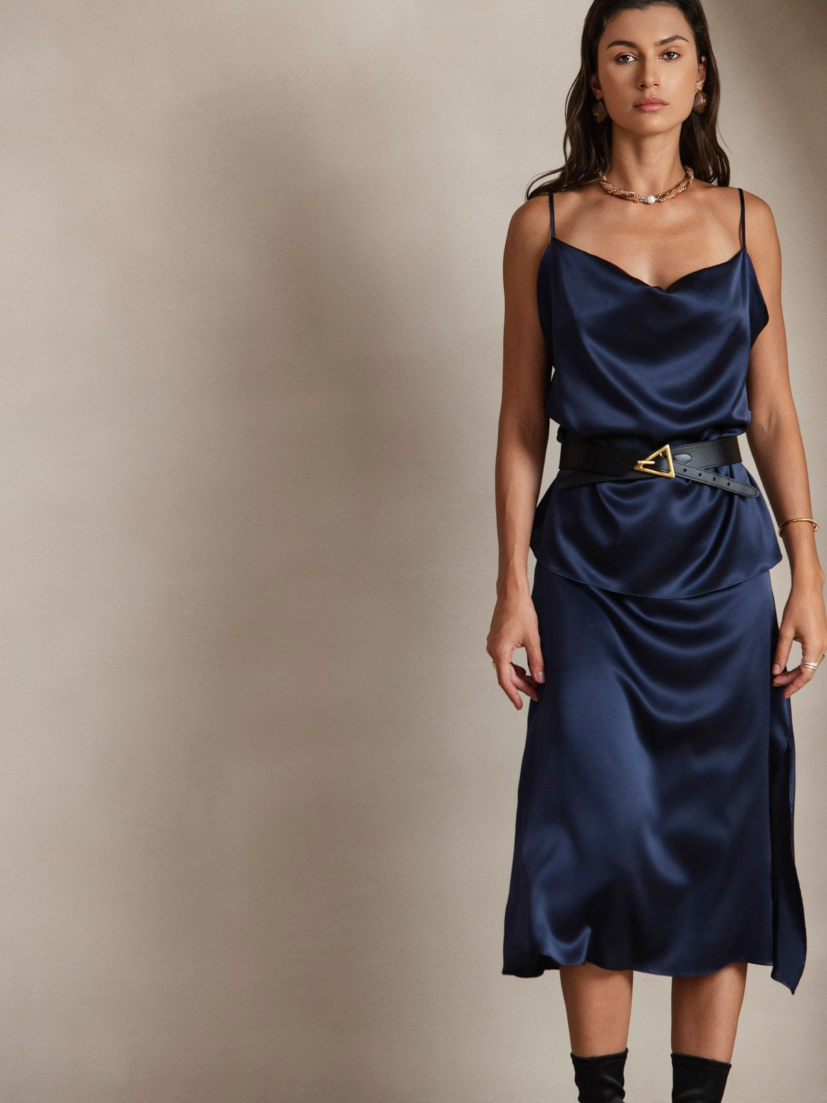 [Dark Blue] SilkSilky-AU 19Momme Silk Spaghetti Strap Cowl Neck Camisole 003