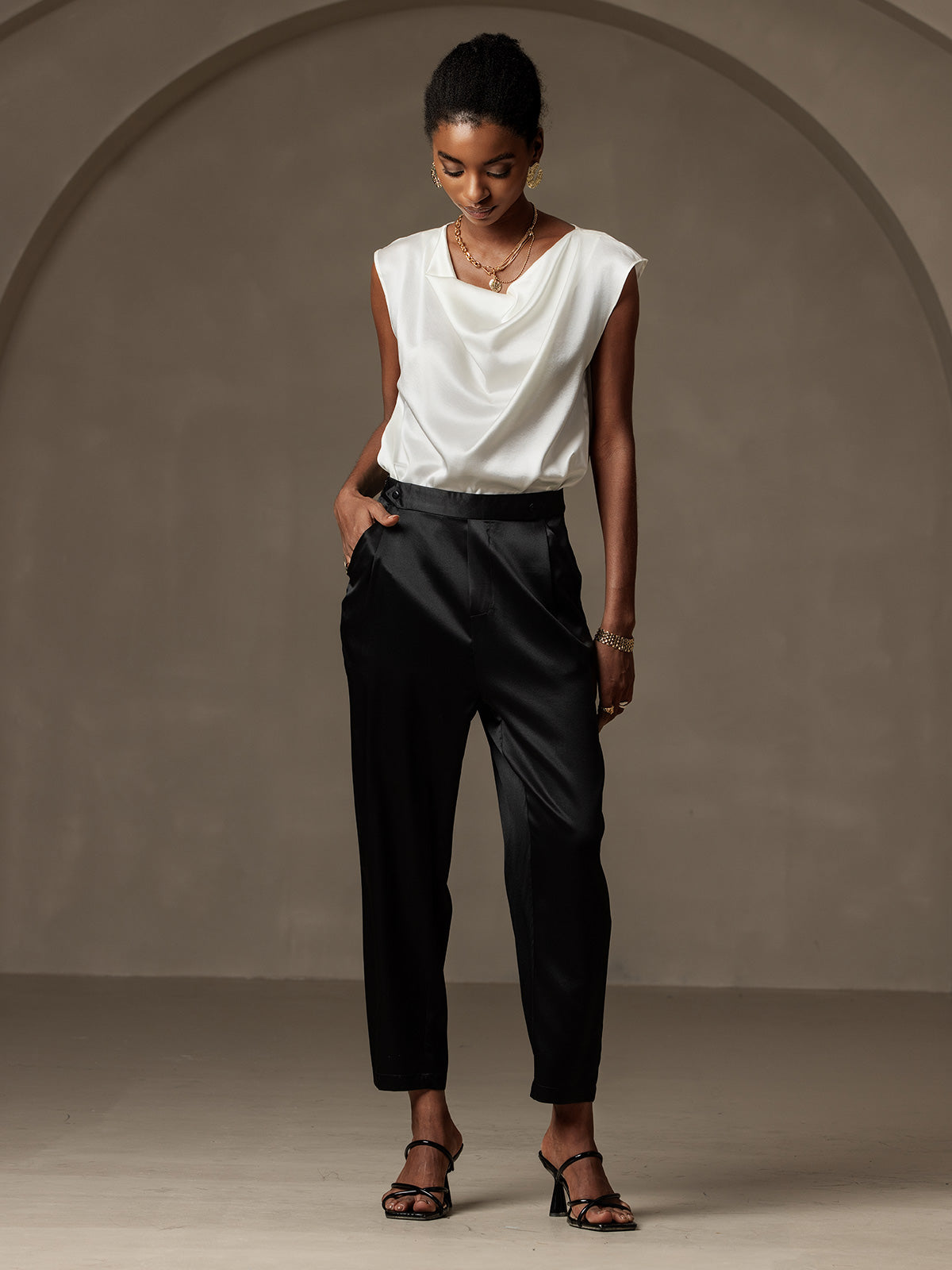 [Black] SilkSilky-AU 19Momme Silk Womens Pants 001