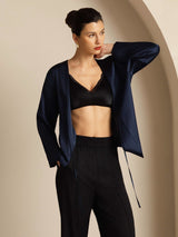 [Dark Blue] SilkSilky-AU 19Momme Stretch Silk Charmeuse Long Sleeve Women's Outerwear 006