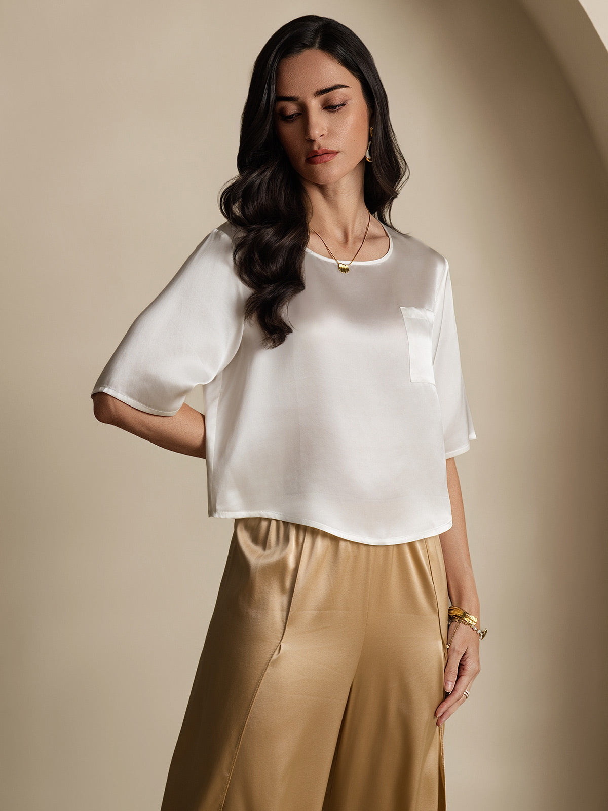 [White] SilkSilky-AU Pure Silk Boat Neck Women's T-Shirt 006