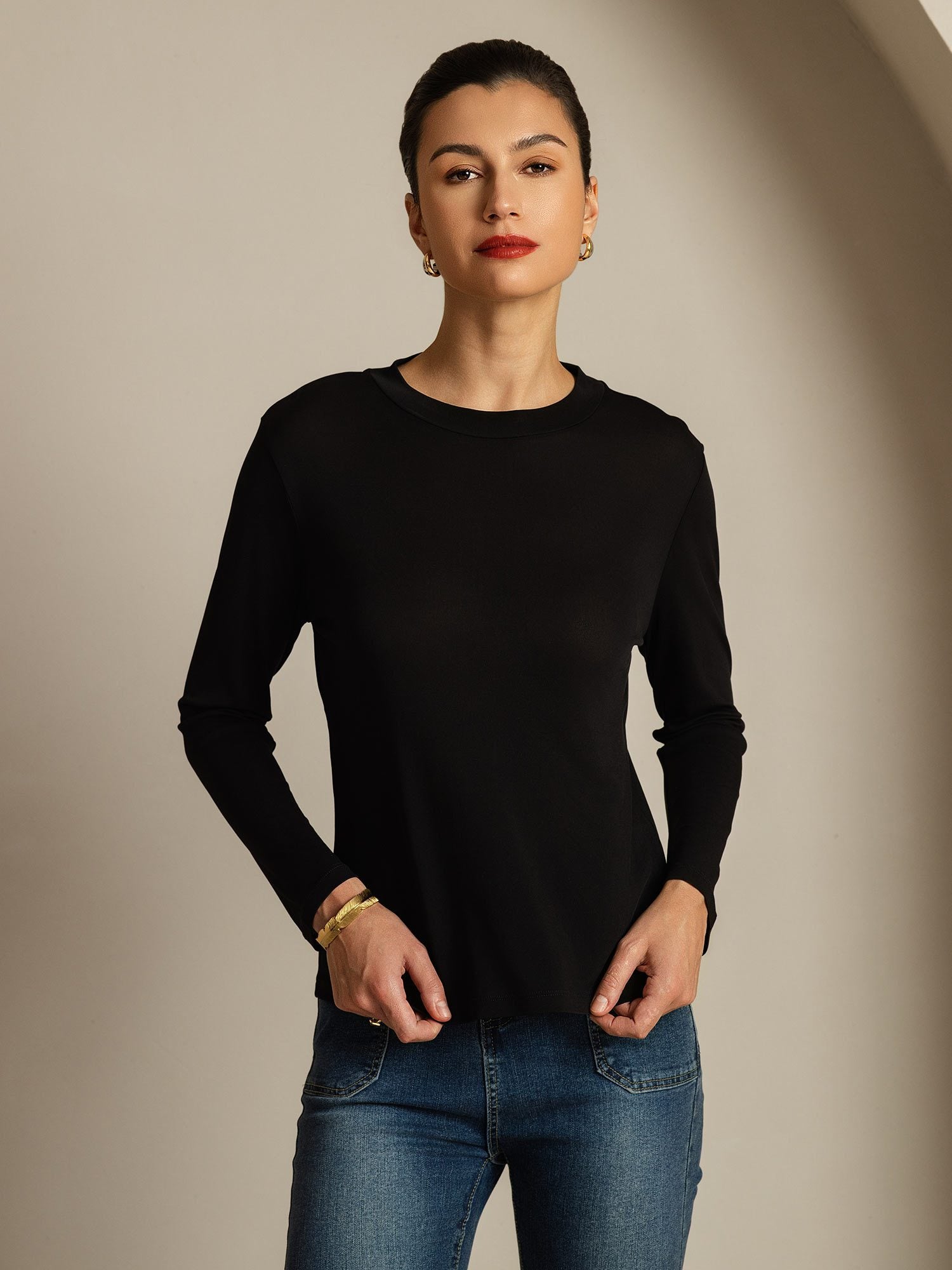 [Black] SilkSilky-AU Pure Silk Round Neck Women's T-Shirt 007