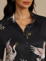 [Black] SilkSilky-AU 19Momme Long Sleeve Lapel Collar Women's Shirt 007
