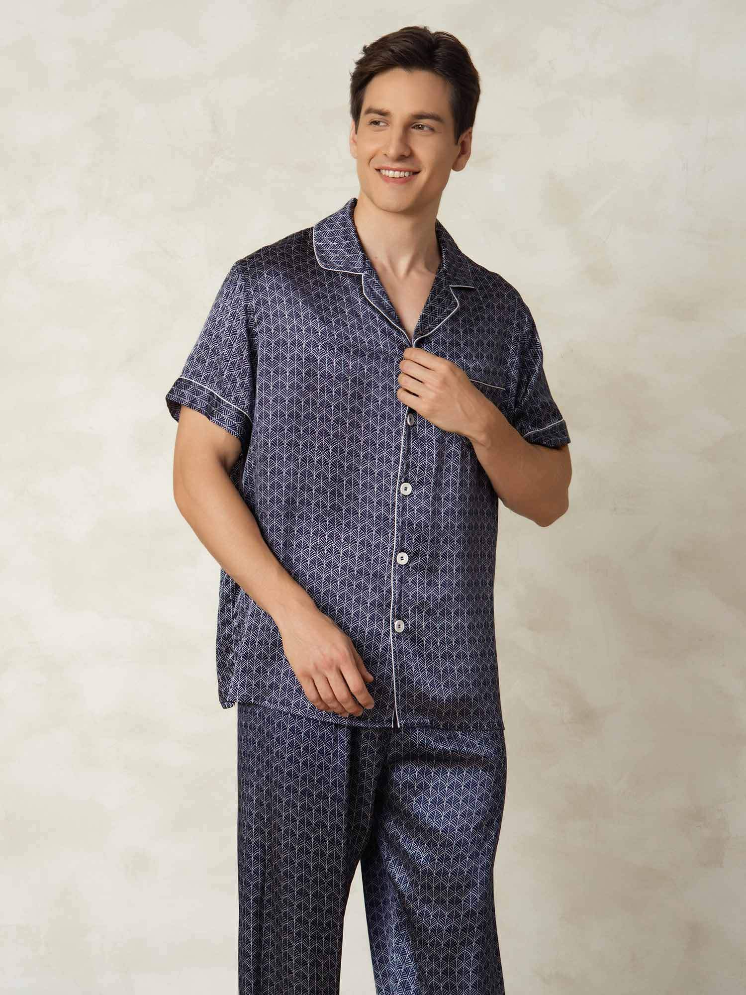 [NavyGinkgo] SilkSilky-AU Pure Silk Lapel Collar Men's Pyjamas 003
