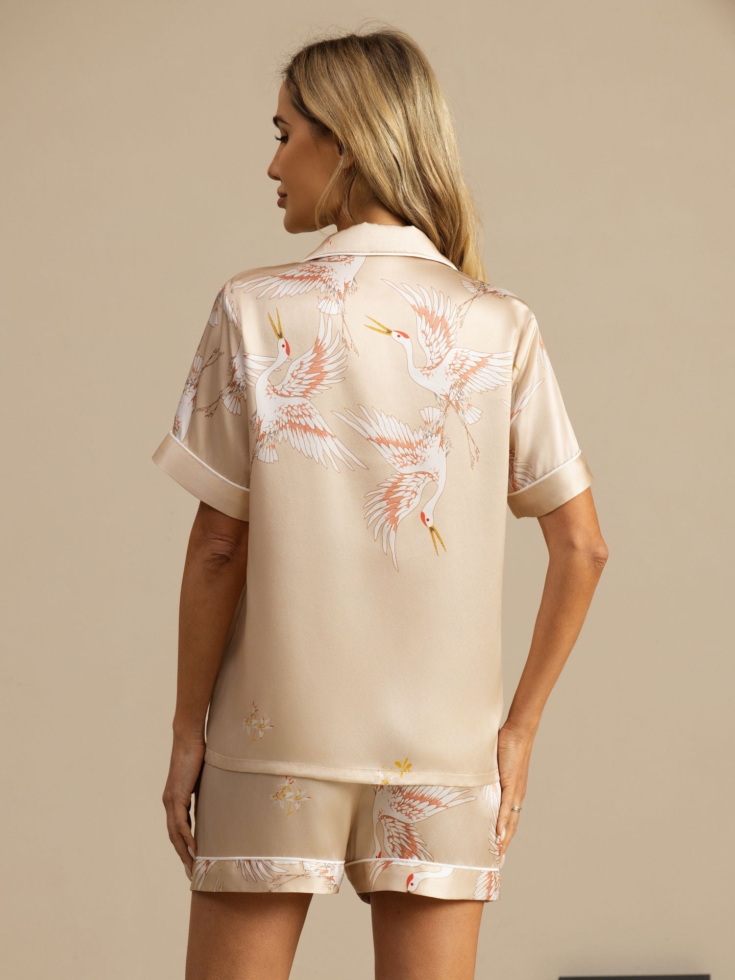 [Champagne] SilkSilky-AU 19Momme Short Sleeve Notch Collar Women's Pyjamas 002