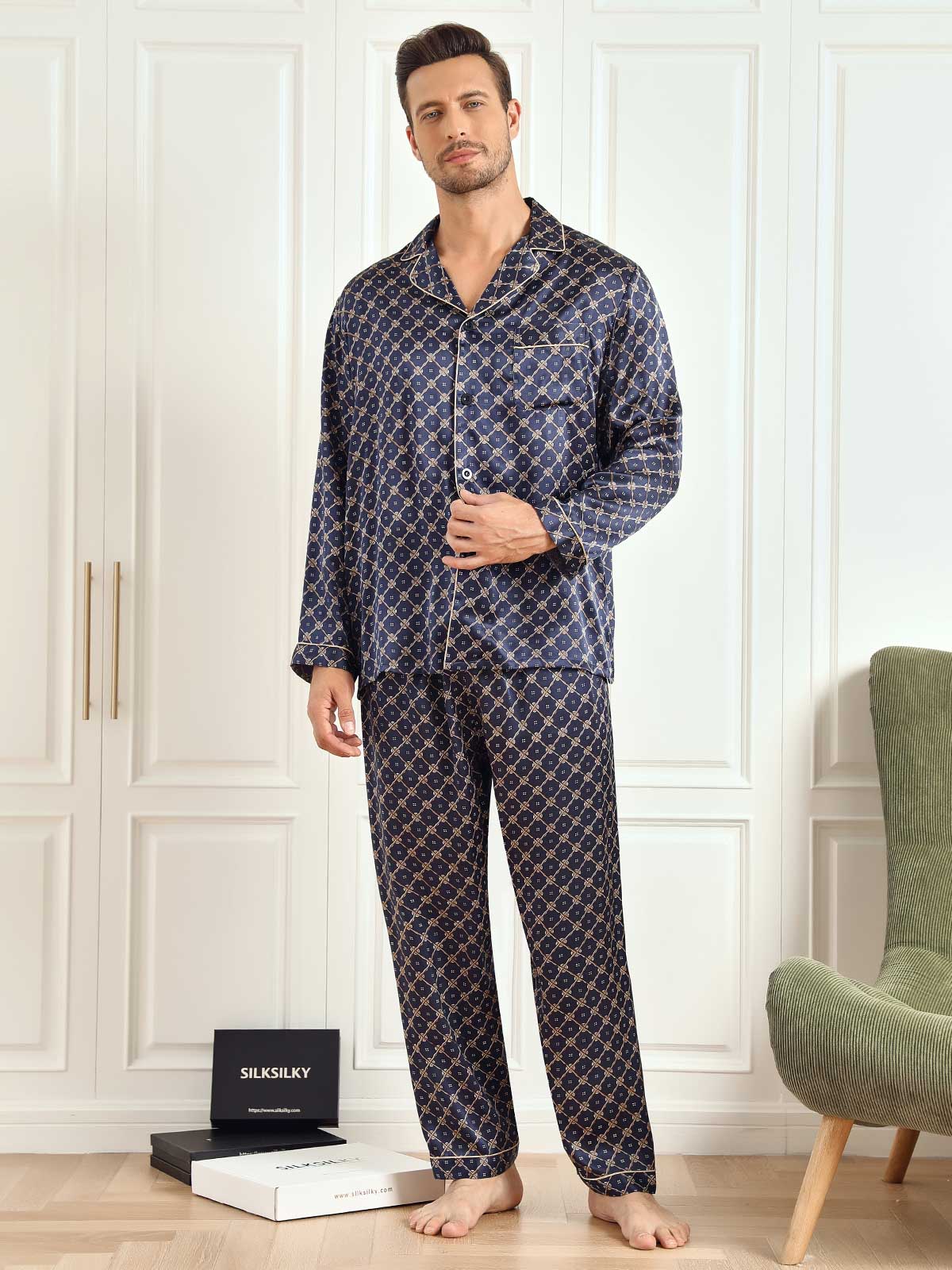 SilkSilky AU 19Momme Pure Silk Long Sleeve Lapel Men's Pyjamas DarkBlue 004