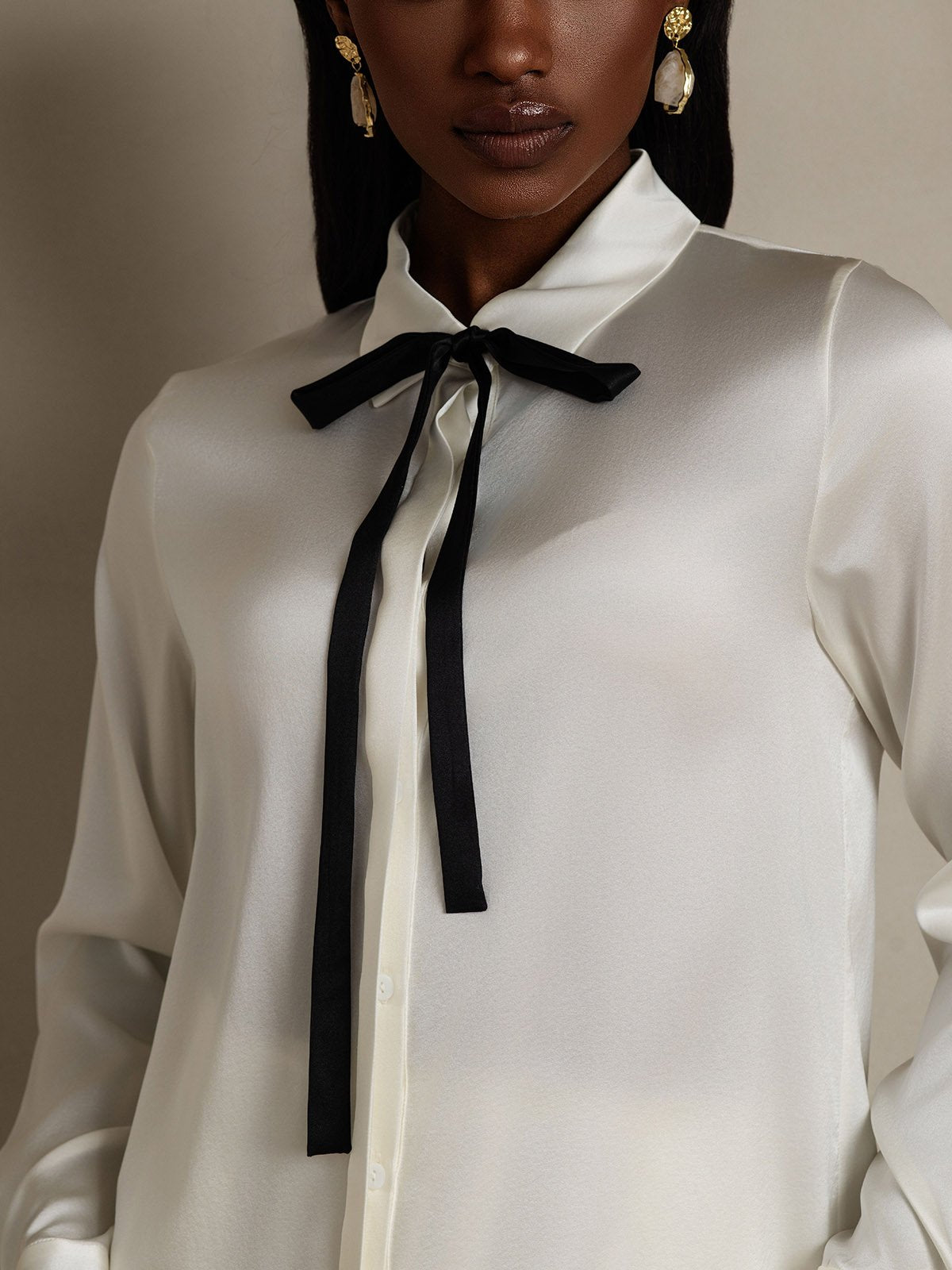 SilkSilky-AU 19Momme Silk Long Sleeve Tie Neck Women's Shirt White 008