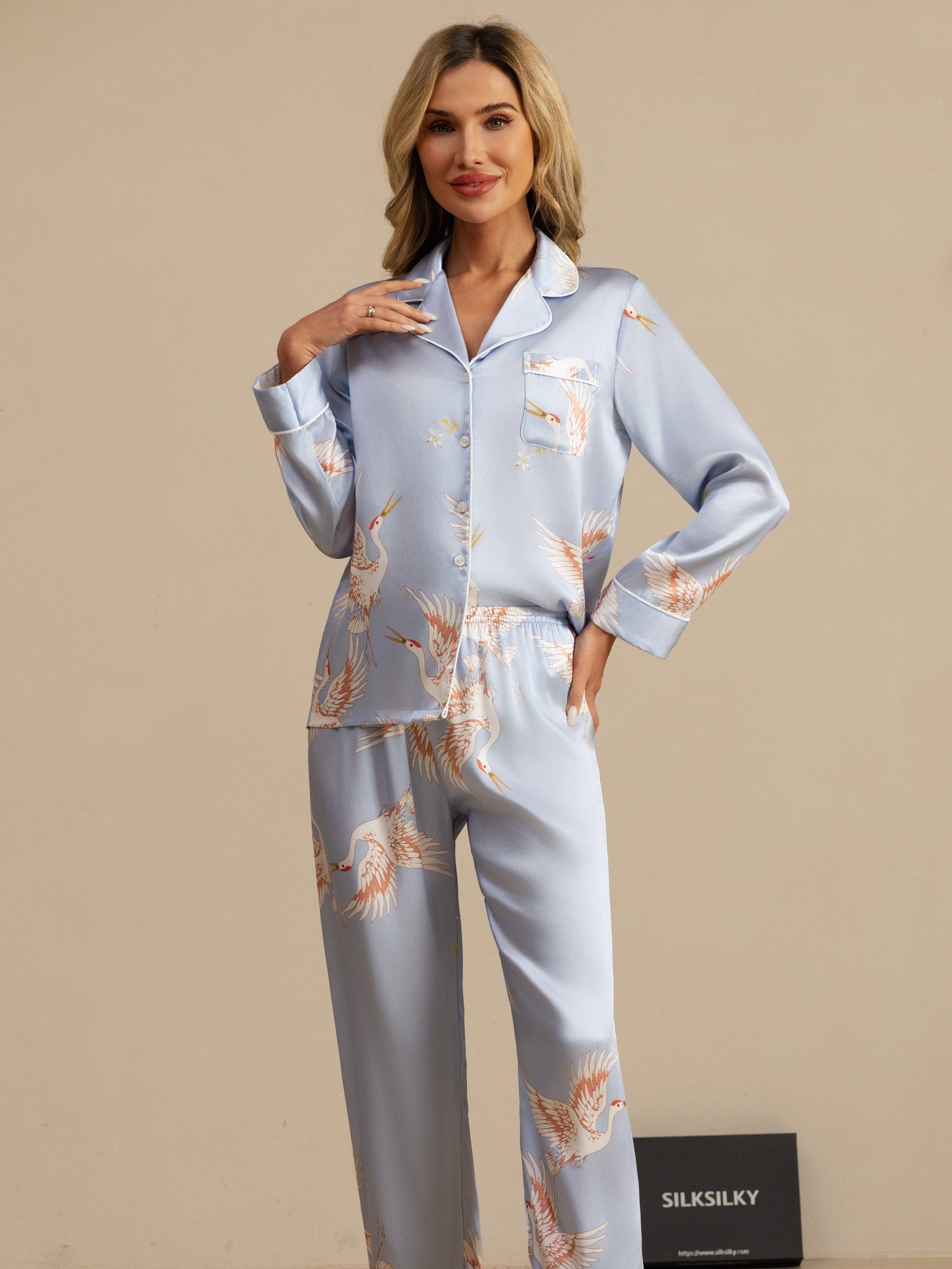 [Light Blue] SilkSilky-AU 19Momme Long Sleeve Notch Collar Women's Pyjamas 006