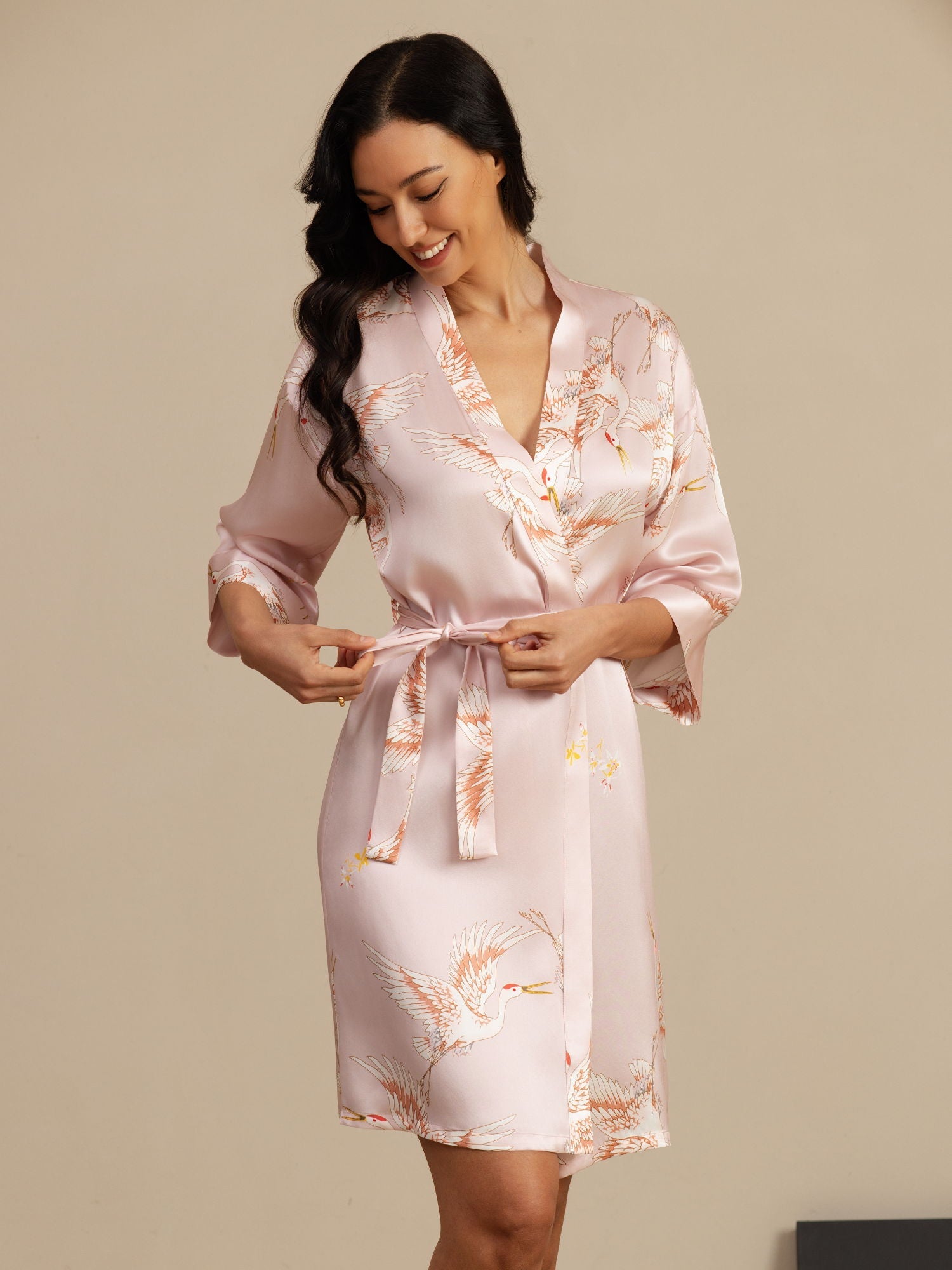 [Pink] SilkSilky-AU 19Momme 3/4 Sleeve Women's Dressing Gown 003