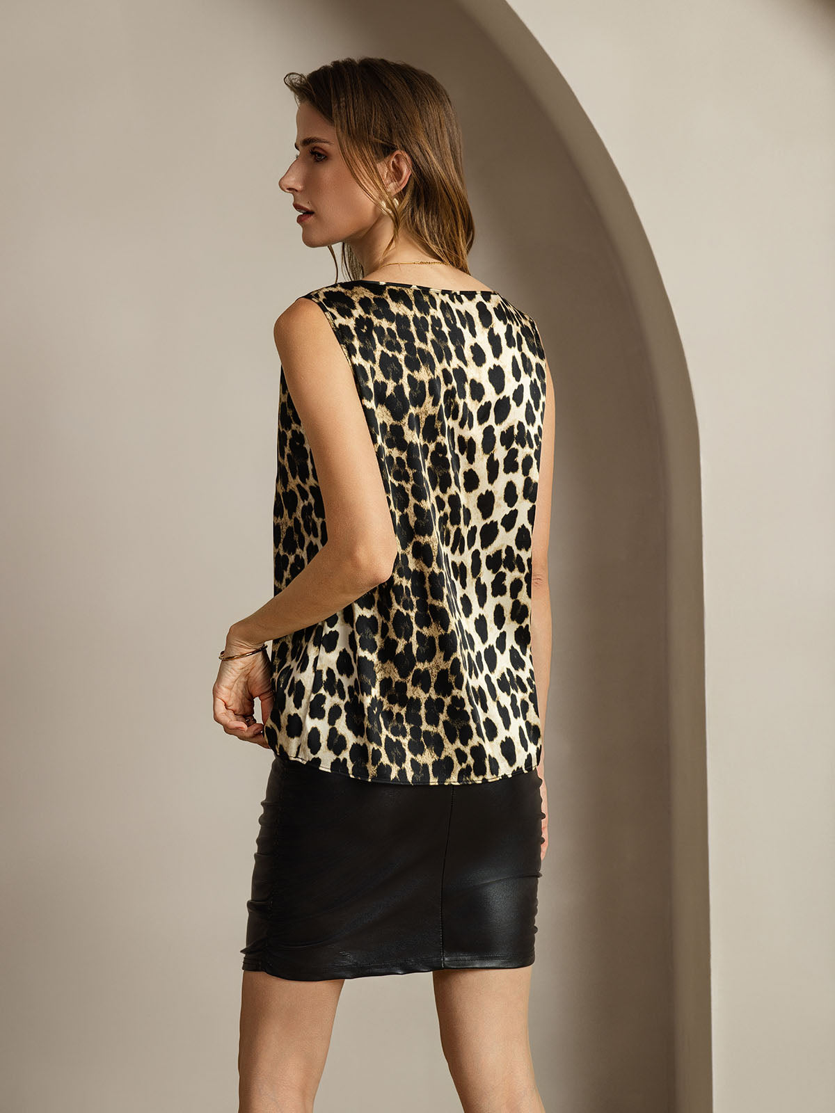 [Leopard] SilkSilky-AU 19Momme Silk Round Neck Camisole 002