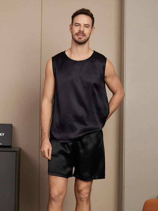 SilkSilky AU Pure Silk Sleeveless Round Neck Men's Pyjamas Black 001