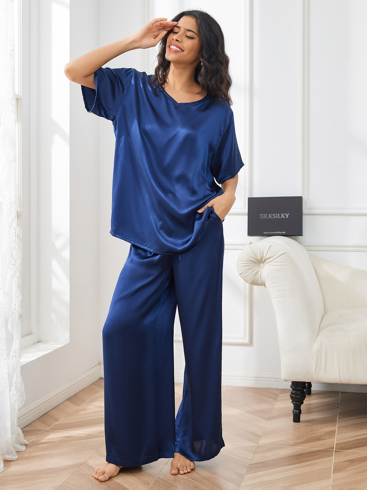 SilkSilky AU Pure Silk Short Sleeve V Neck Women's Pyjamas DarkBlue 001