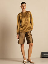 [Bronze] SilkSilky-AU 19Momme Stretch Silk Charmeuse Long Sleeve Round Neck Blouse 006