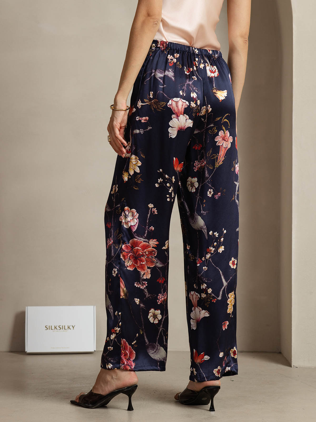 [Navy Floral] SilkSilky-AU 19Momme Silk Womens Pants 002
