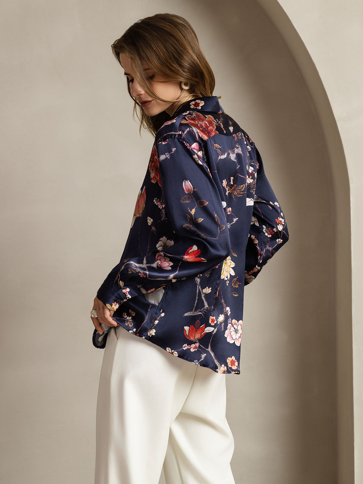 [Navy Floral] SilkSilky-AU Silk Lapel Collar Women's Shirt 002