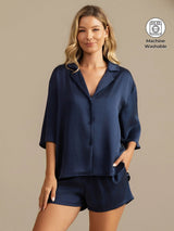 [Dark Blue] SilkSilky-AU 19Momme Machine-Washable Silk Half Sleeve Notch Collar Women's Pyjamas 001