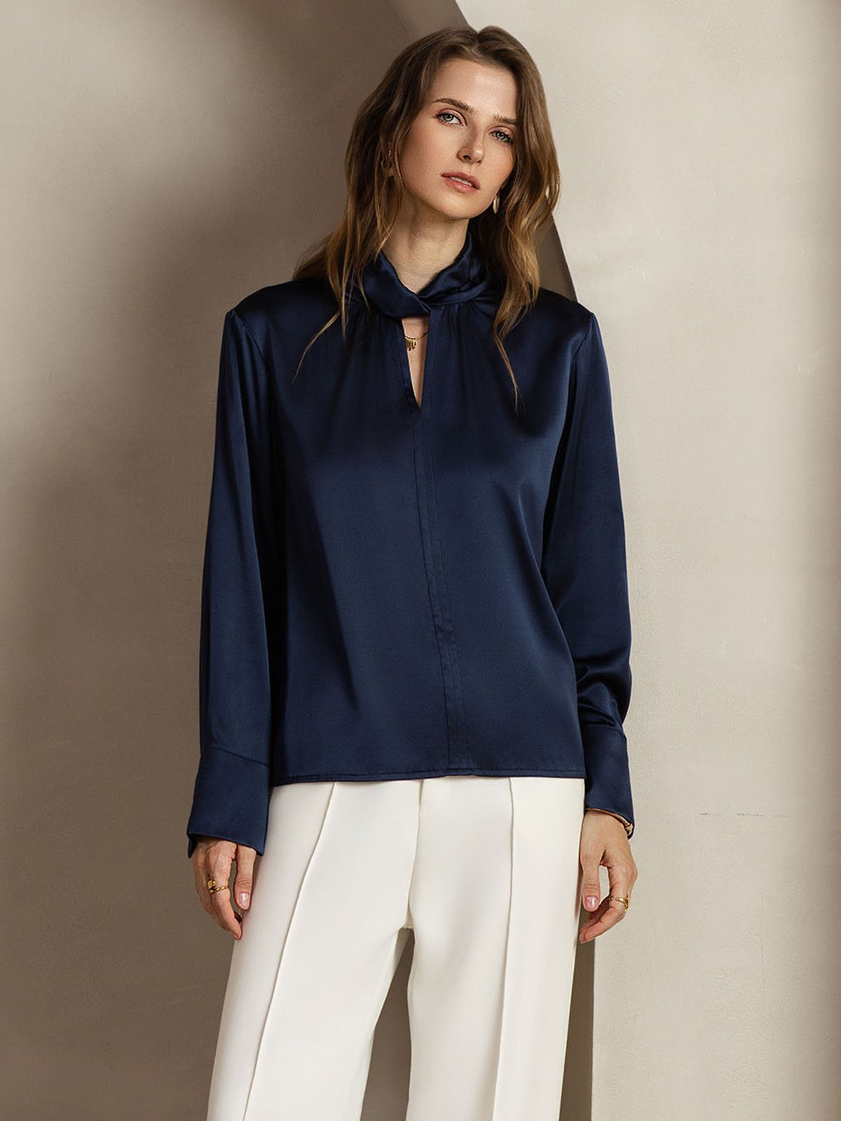 [DarkBlue] SilkSilky-AU 19Momme Silk Keyhole Neck Women's Shirt 005