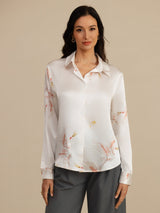 [White] SilkSilky-AU 19Momme Long Sleeve Lapel Collar Women's Shirt 001