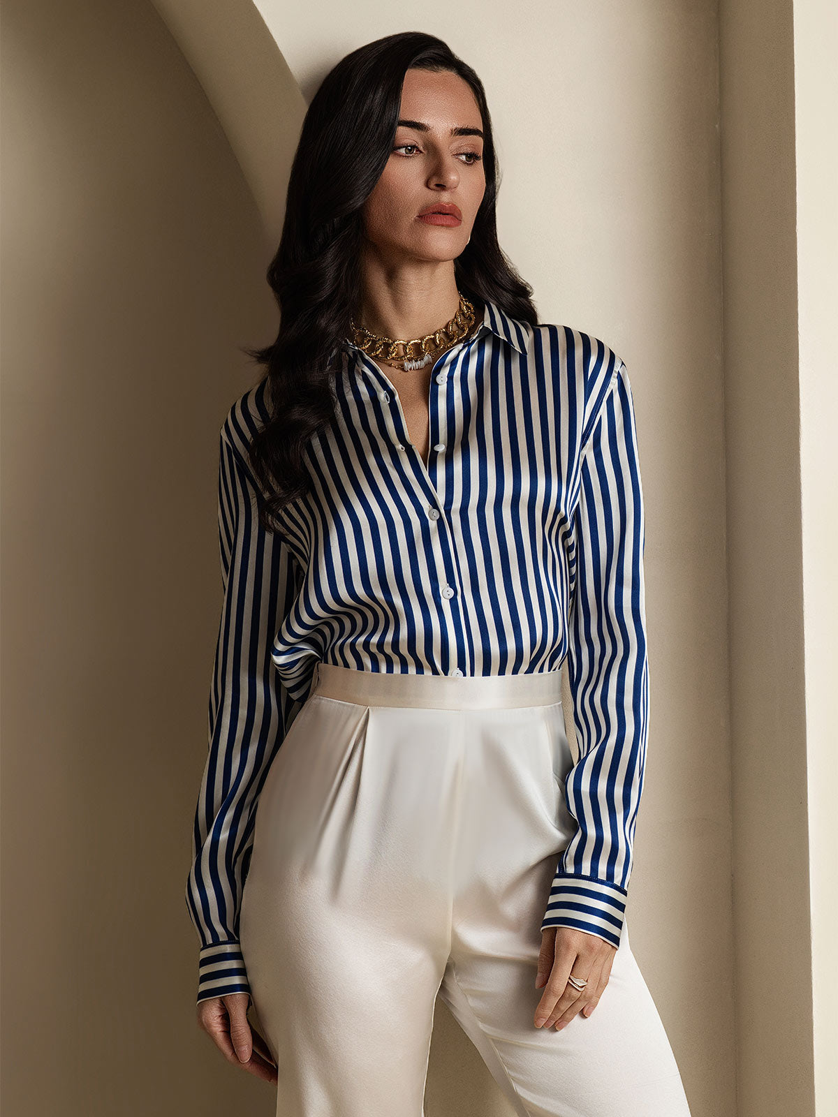 [Navy Stripe] SilkSilky-AU Silk Long Sleeve Lapel Collar Women's Shirt 006