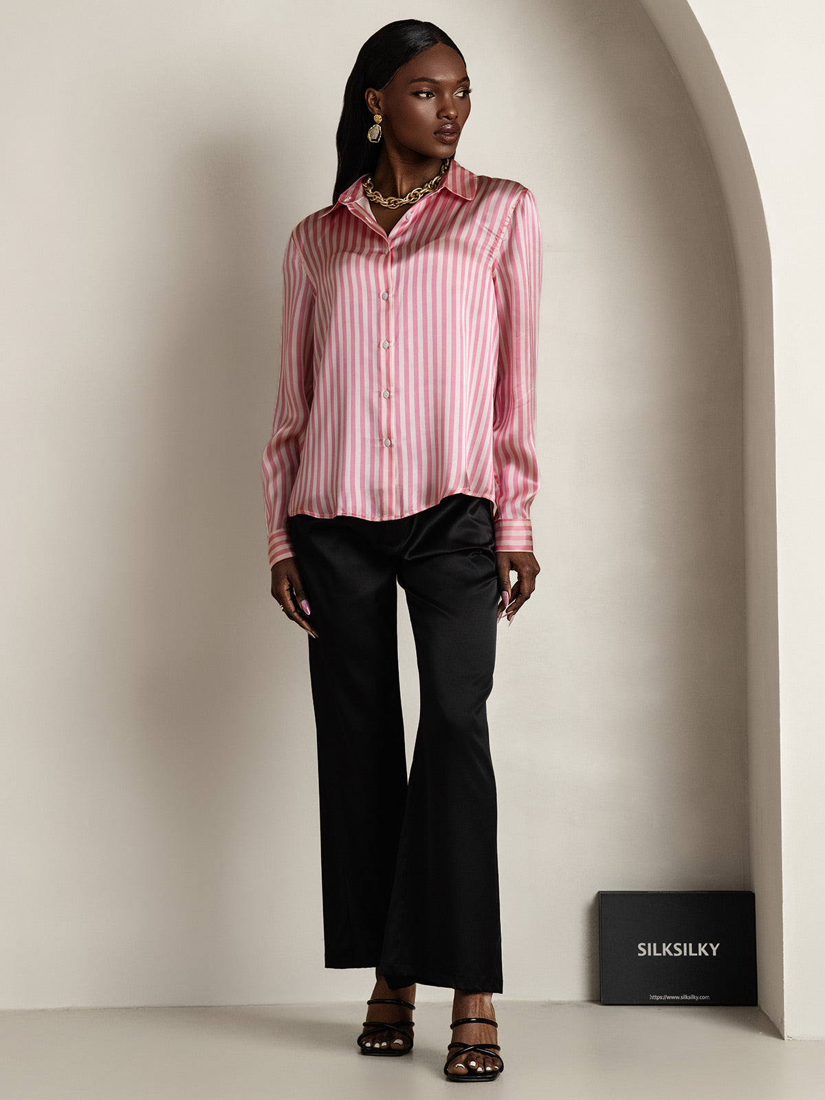 [Pink Stripe] SilkSilky-AU 19Momme Stretch Silk Charmeuse Long Sleeve Lapel Collar Women's Shirt 008