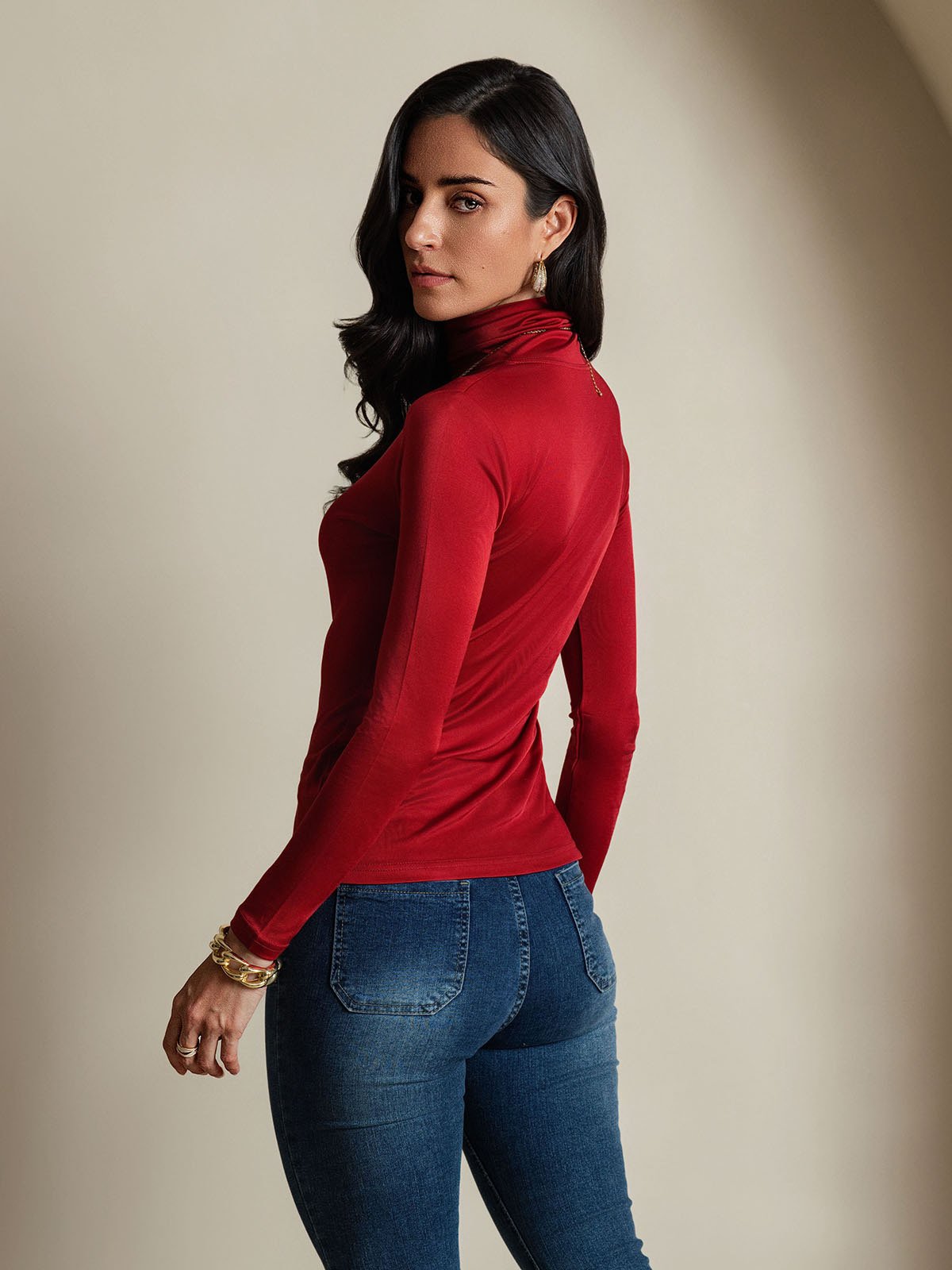 [Wine] SilkSilky-AU Silk Jersey Long Sleeve Turtle Neck Women's T-Shirt 002