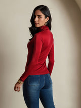 [Wine] SilkSilky-AU Silk Jersey Long Sleeve Turtle Neck Women's T-Shirt 002
