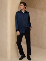 [Dark Blue] SilkSilky-AU 19Momme Stretch Silk Charmeuse Long Sleeve Lapel Collar Men's Shirt 008