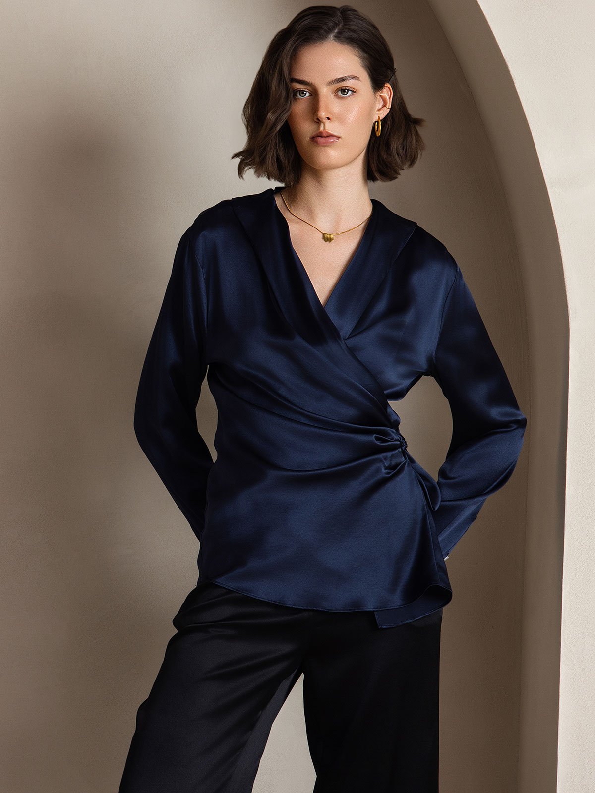 SilkSilky AU 19Momme Silk Long Sleeve V Neck Women's Shirt DarkBlue 003