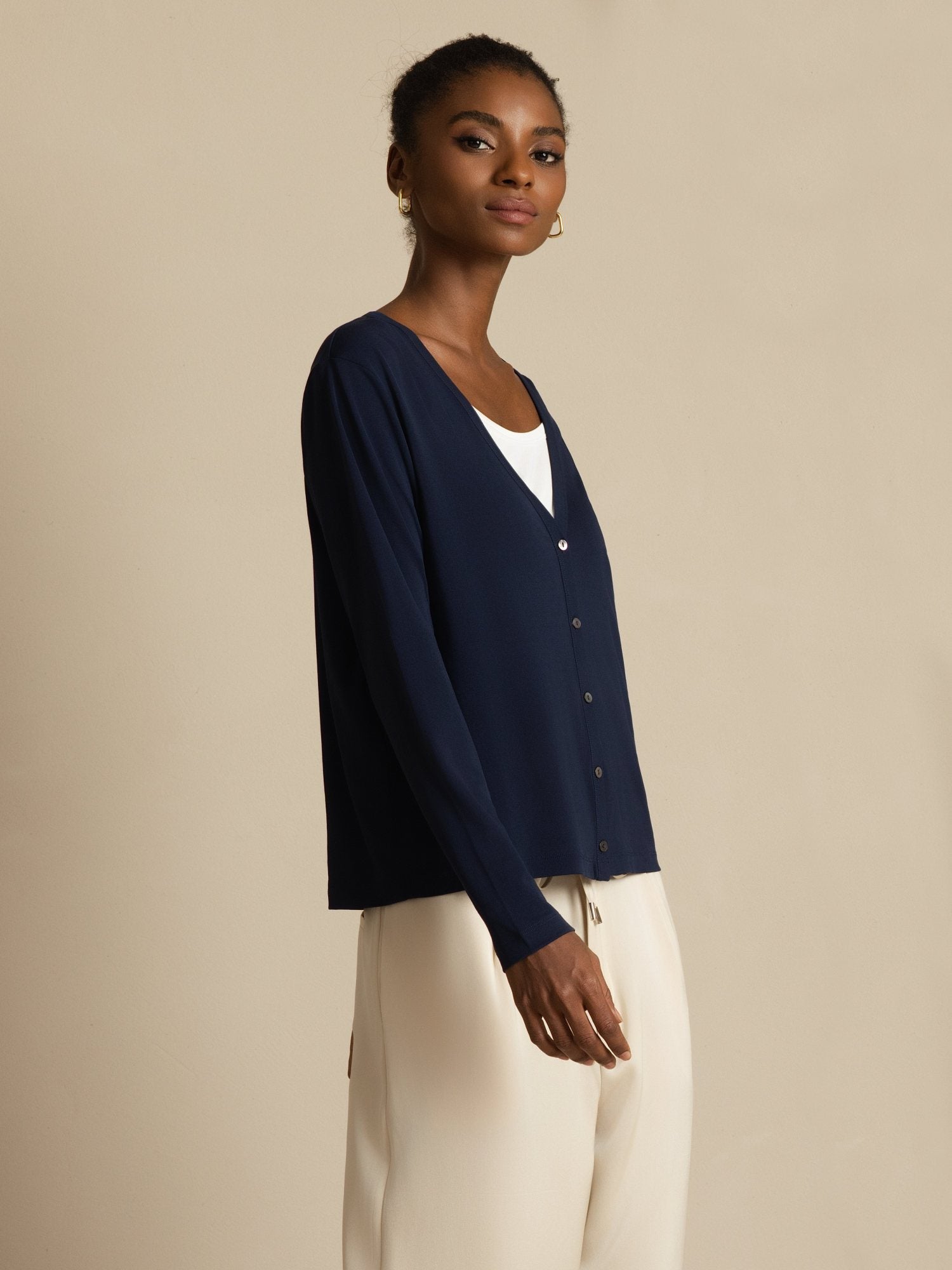 [DarkBlue] SilkSilky-AU 19Momme 100% High-Twist Silk Jersey Long Sleeve V Neck Women's Cardigan 006