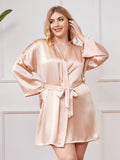 SilkSilky-AU Pure Silk Long Sleeve Deep V Neck Plus Size Dressing Gown Champagne 001