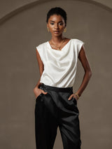 [White] SilkSilky-AU Cap Sleeve Cowl Neck Women's T-Shirt 003