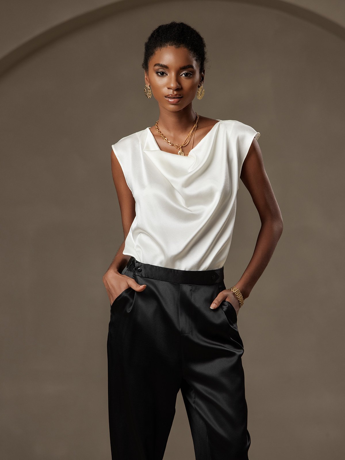 [White] SilkSilky-AU 19Momme Silk Sleeveless Cowl Neck Women's T-Shirt 003