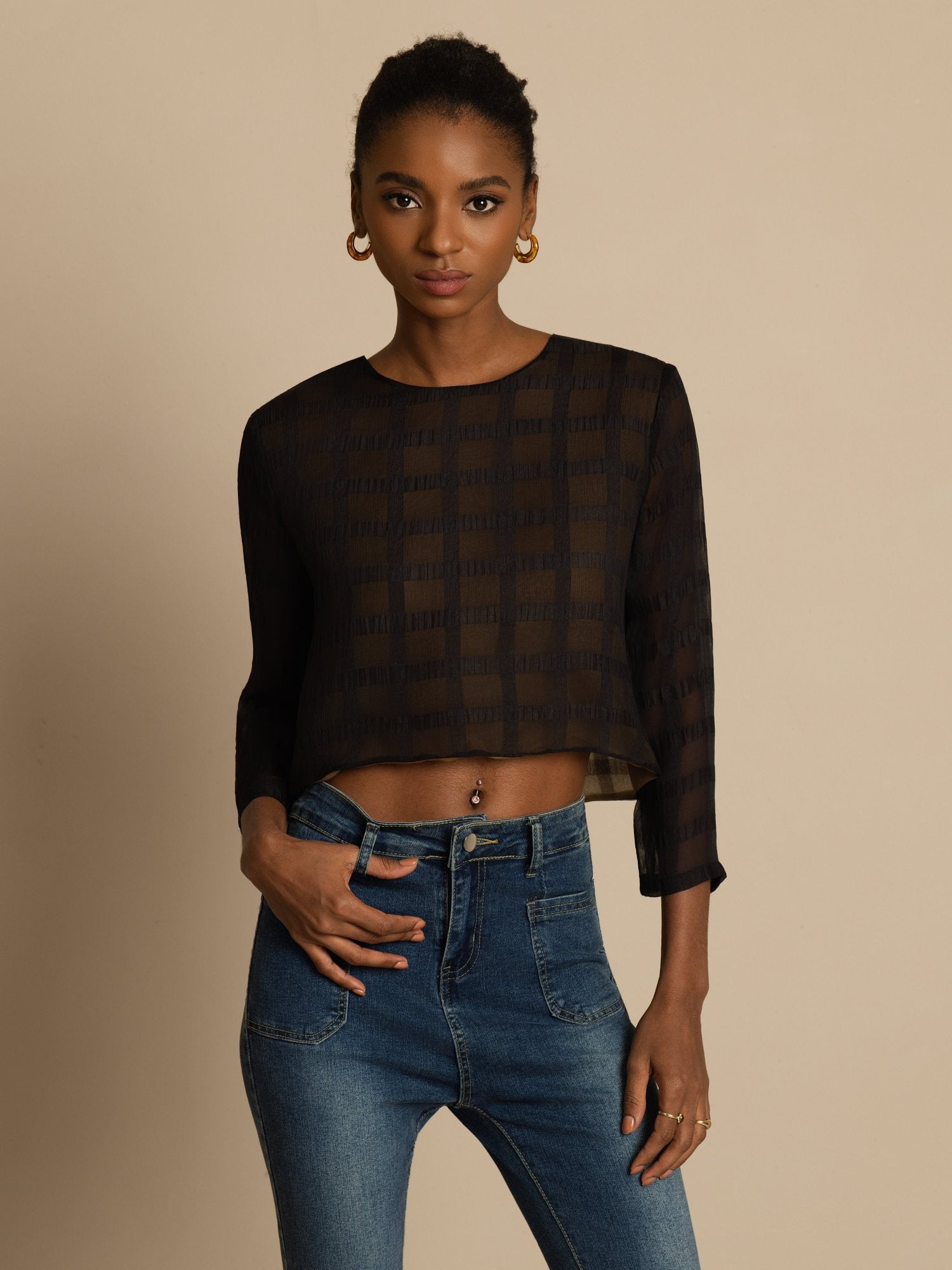 [Black] SilkSilky-AU Pure Silk Long Sleeve Round Neck Blouse 003