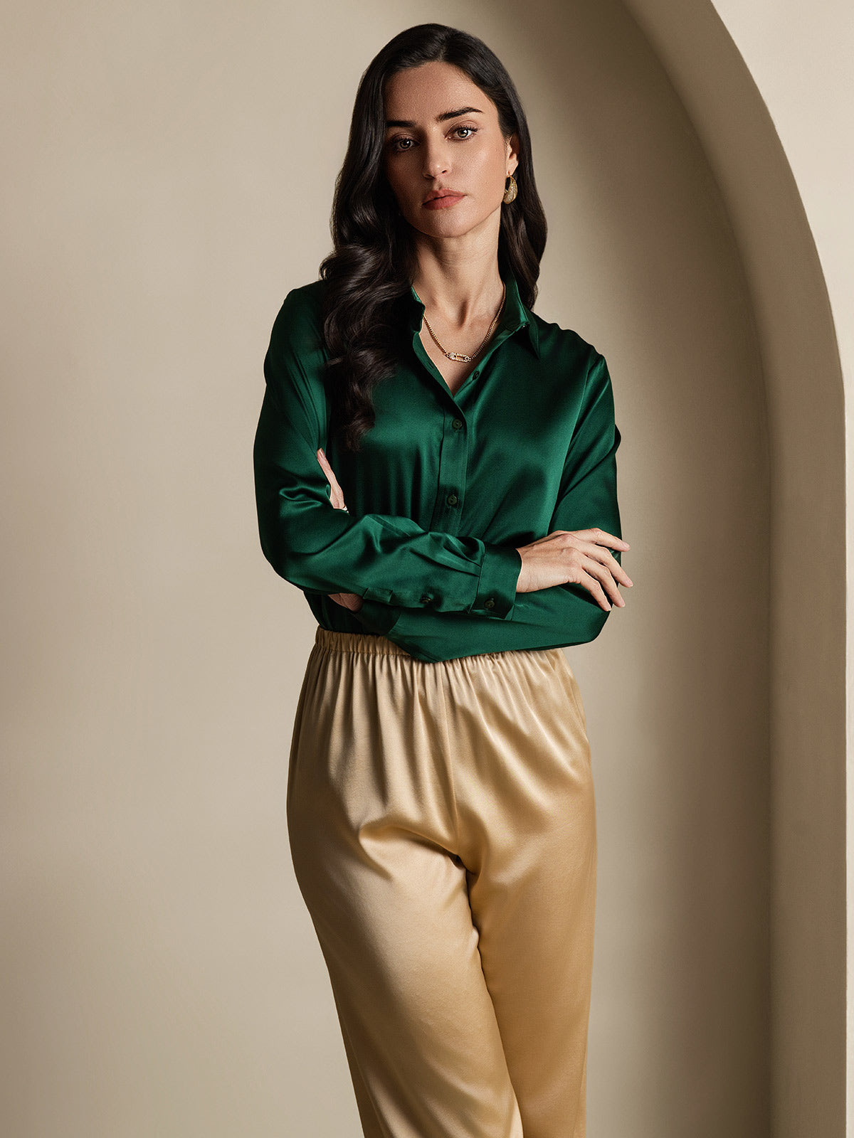 [Dark Green] SilkSilky-AU 19Momme Stretch Silk Charmeuse Long Sleeve Lapel Collar Women's Shirt 007