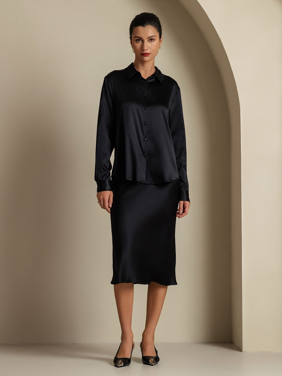 [Black] SilkSilky-AU 19Momme Silk Knitted Lapel Collar Women''s Outfit Sets 003,