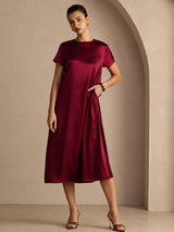 [Dark Red] SilkSilky-AU Short Sleeve Crew Neck Dress 006